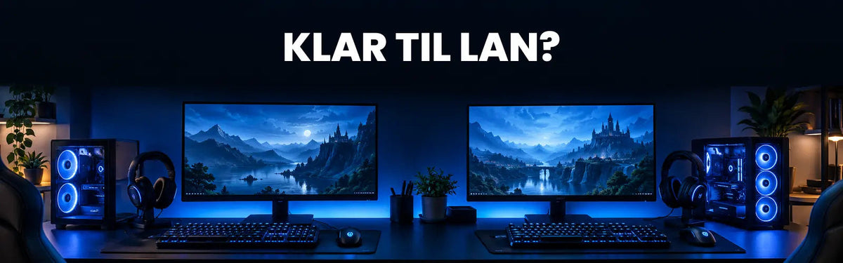 To gamingstationer med skærme og headsets i kølig blå belysning under overskriften Klar til LAN?