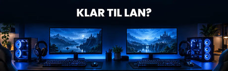 To gamingstationer med skærme og headsets i kølig blå belysning under overskriften Klar til LAN?