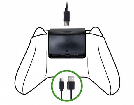 Nacon batteripakke til Xbox Series X|S-controller – illustration af montering og USB-opladning