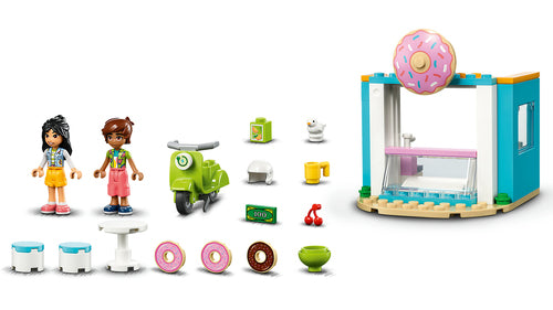 LEGO Friends 41723 – Donutbutik – bygning, minidukker, scooter og tilbehør vist hver for sig
