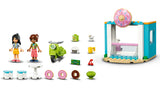 LEGO Friends 41723 – Donutbutik – bygning, minidukker, scooter og tilbehør vist hver for sig