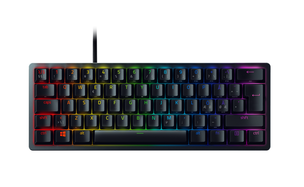 Razer Huntsman Mini – Mini 60% – Nordic – Clicky Purple – Sort – RGB-tastatur ovenfra; producentillustration, varen har nordisk layout