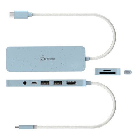 j5create JCD373EC – USB-C multiport-hub – Cyan – Illustration af sider og porte