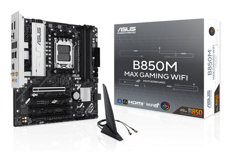 ASUS B850M MAX GAMING WIFI – bundkort med emballage og antenne