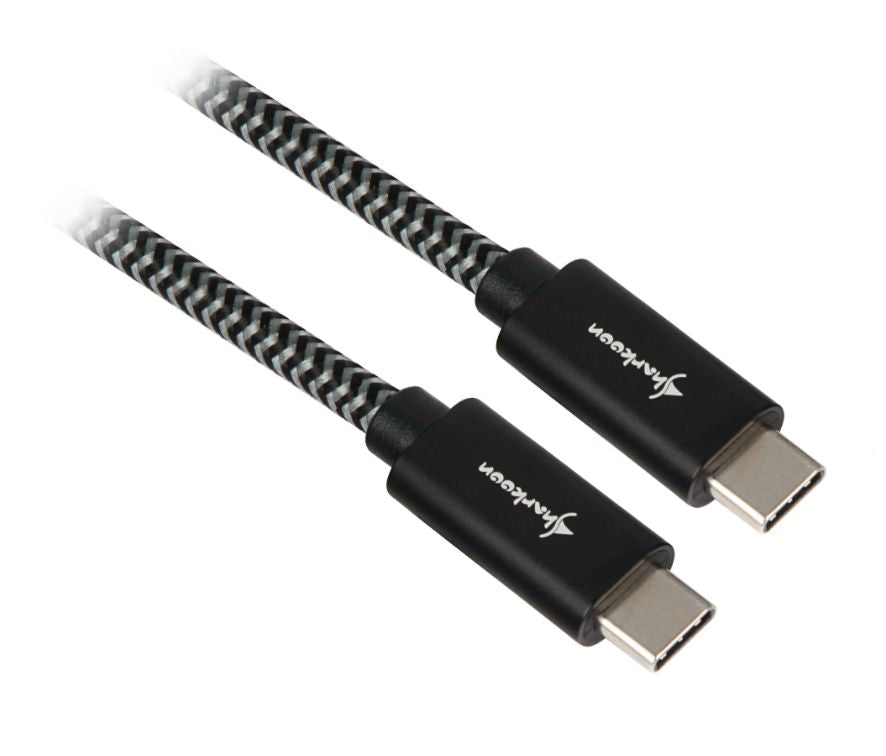 Sort og gråt flettet Sharkoon USB-C-kabel med USB-C-hanstik i begge ender