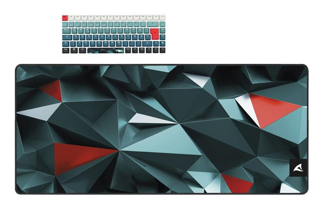 Sharkoon D1-sæt med grønne og røde geometriske keycaps og musemåtte