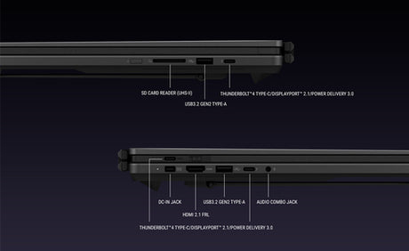 ASUS ROG Zephyrus Duo GX651AR-SR042W – detalje af tilslutninger; tastaturlayout illustrativt