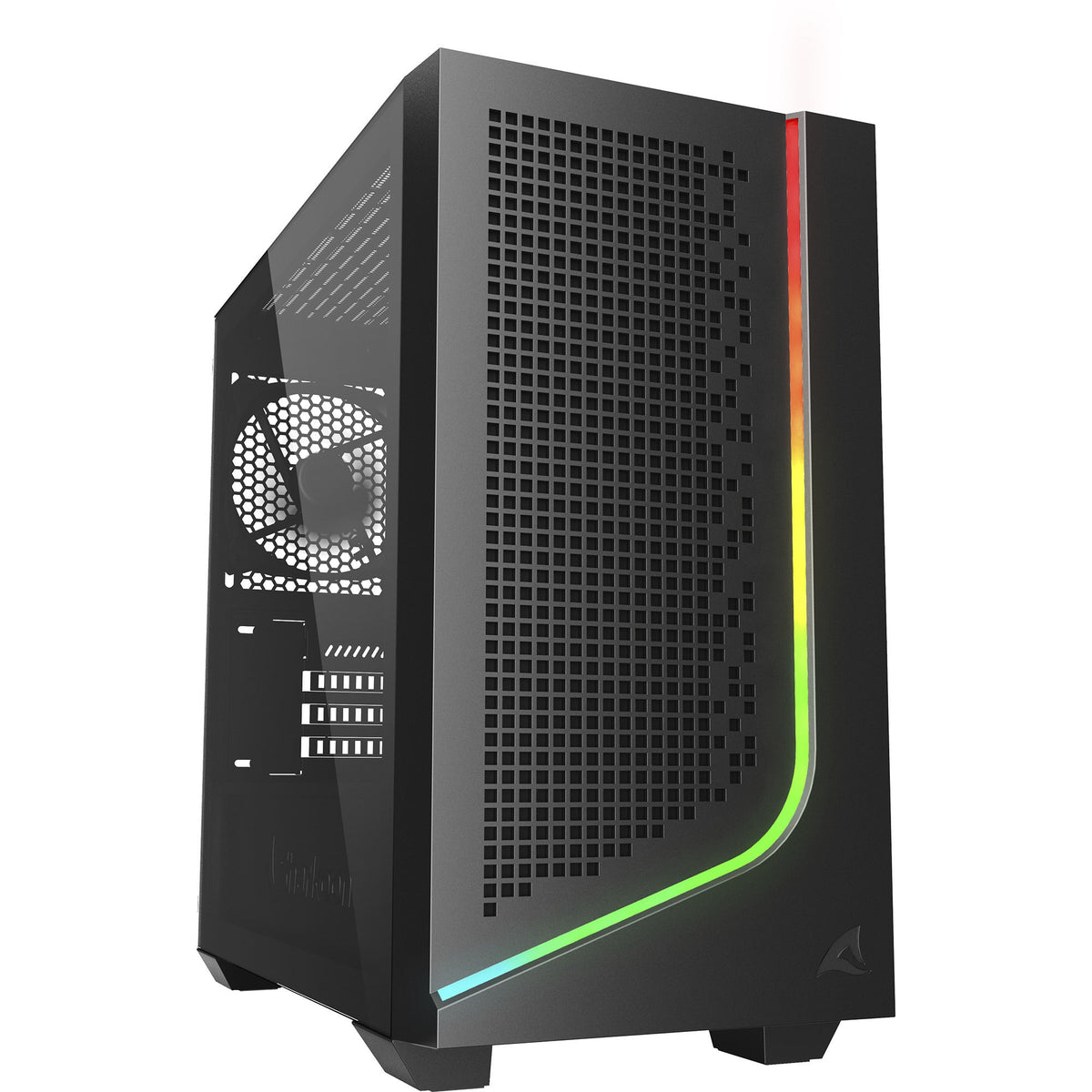 Sort Sharkoon J1000 ARGB med perforeret front, lysstribe og glasside