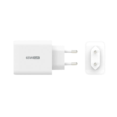 j5create 65 W GaN-oplader – 2×USB-C og USB-A – EU – Mål og stik illustreret