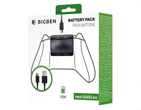 Nacon batteripakke til Xbox Series X|S-controller – vist i grøn og hvid Bigben-emballage