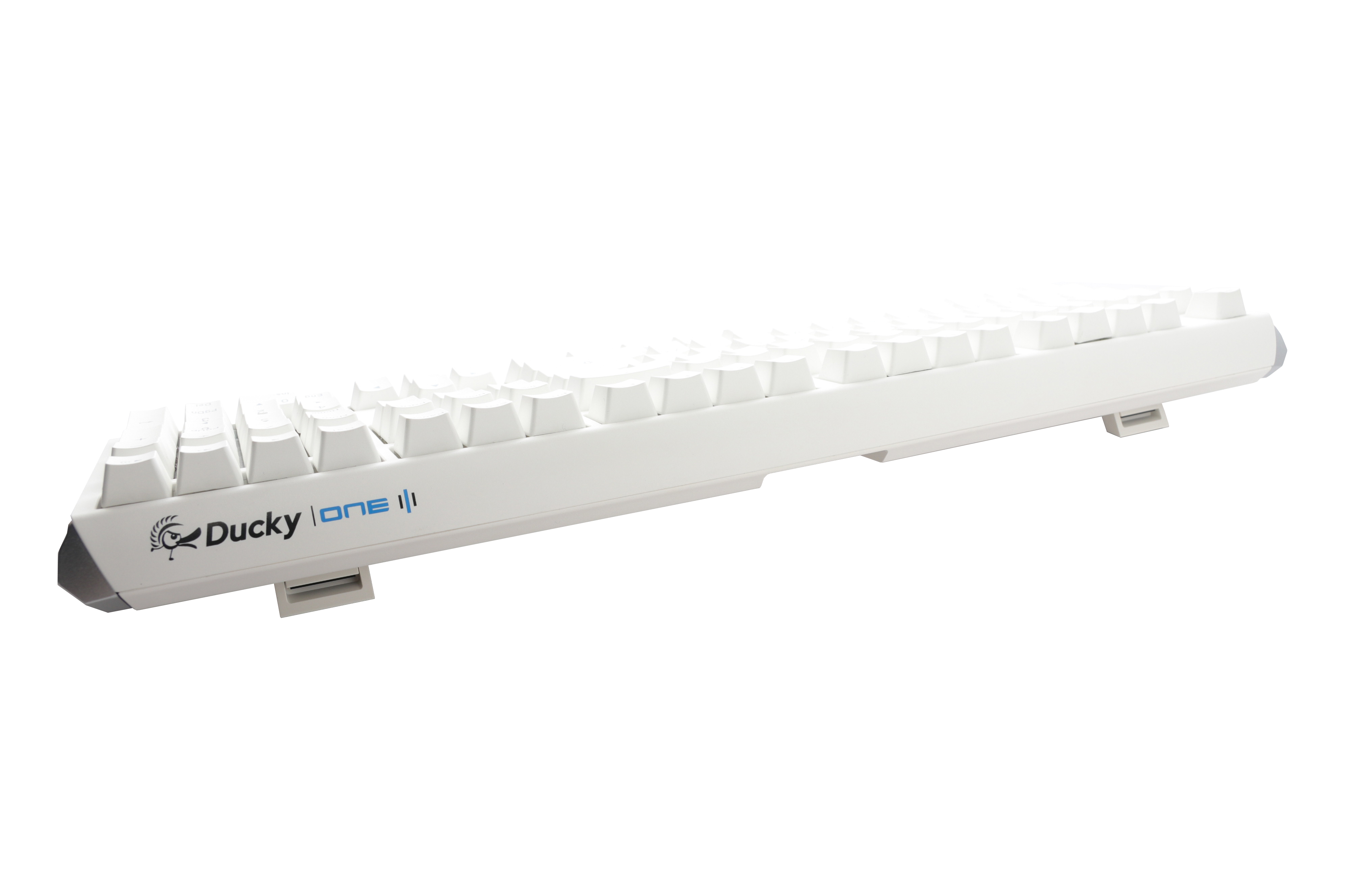 A Ducky One 3 - Classic Pure White Nordic - Fullsize - Cherry Silent Red mechanical keyboard with white PBT keycaps on a white background, viewed from a side angle, highlighting the elevated keys and brand logo.