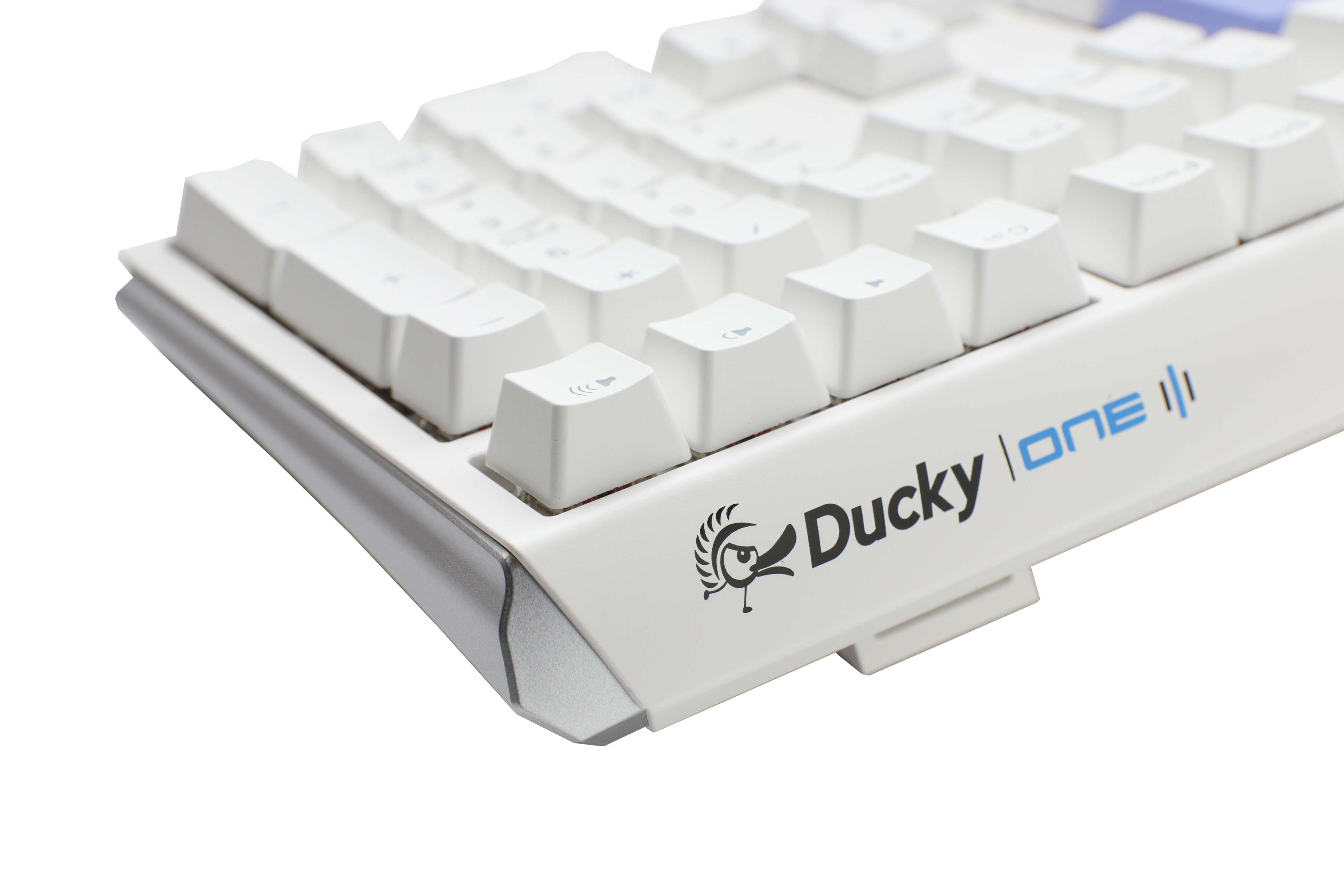 A close-up image of a white mechanical keyboard labeled "Ducky One 3 - Classic Pure White Nordic - Fullsize - Cherry Silent Red", showcasing the keyboard's layout, PBT keycaps, and branding on a light gray background.