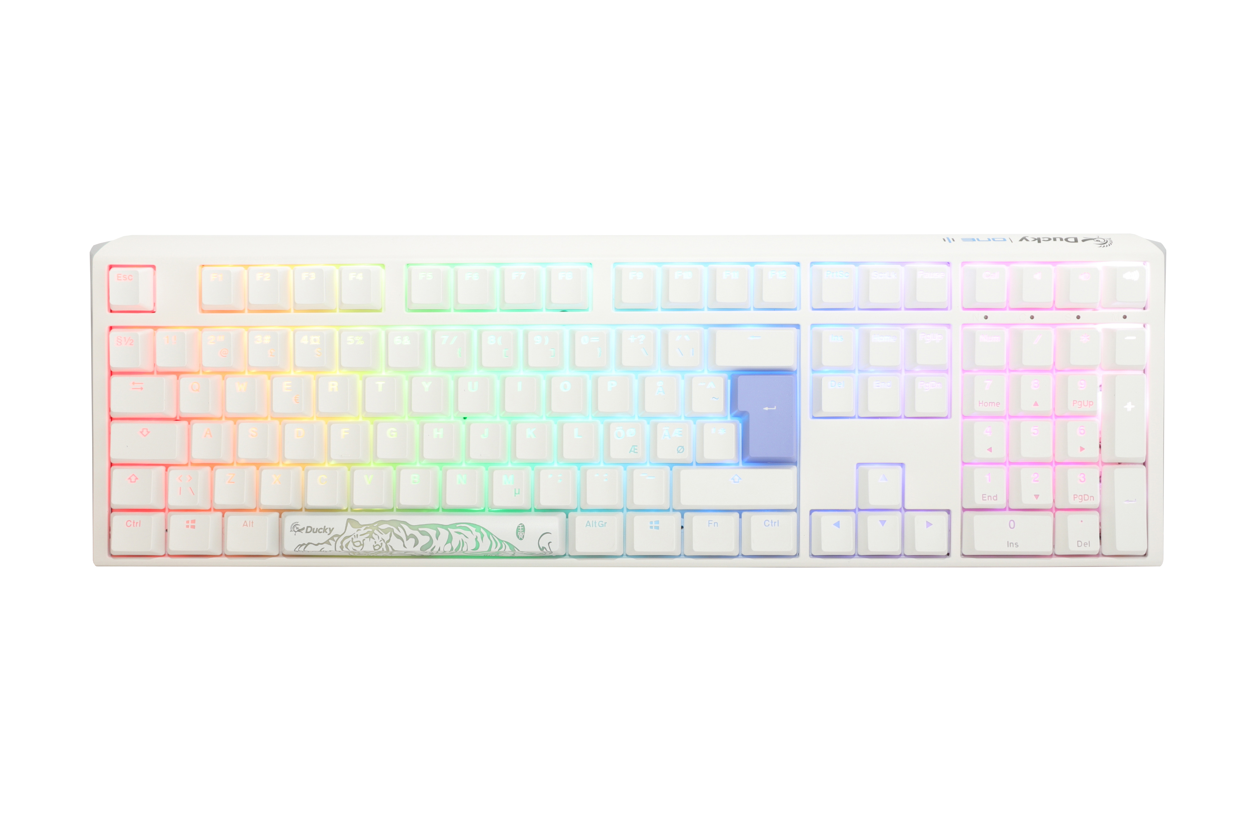 A Ducky mechanical keyboard with multicolored backlit keys, ranging from red through the spectrum to purple, featuring double-shot PBT keycaps and a custom white casing with a floral design on the bottom right.
