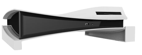 Hvid Oniverse-stander til vandret PS5 – med PS5 set skråt forfra