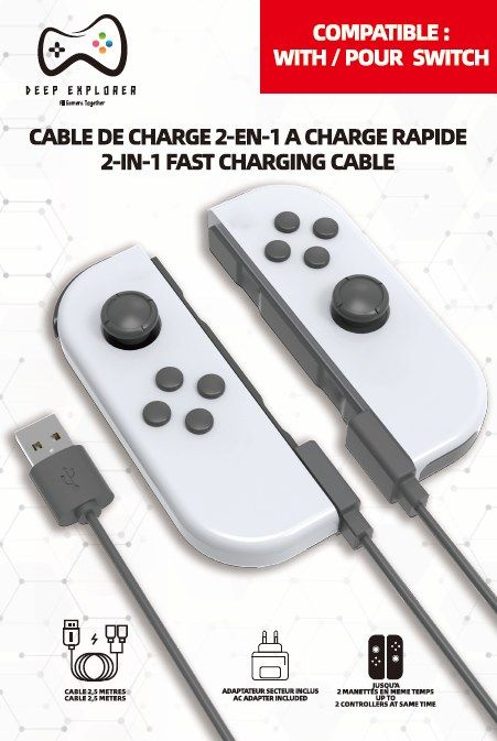 Deep Explorer 2-i-1-opladningskabel til Nintendo Switch Joy-Con – opladningskabel vist med Joy-Con – controllere medfølger ikke