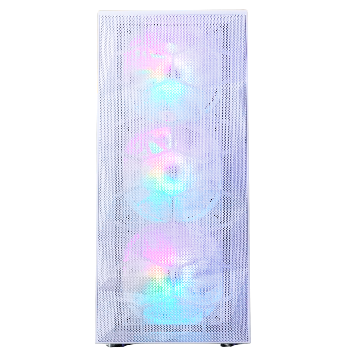 Hvidt PC-kabinet set forfra med tre RGB-blæsere