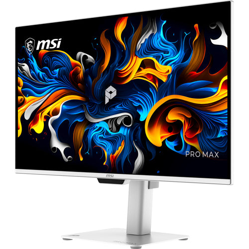 MSI PRO MAX 271UPXW12G – 26,5″ 4K QD-OLED-skærm, hvid – forside set skråt