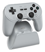 8BitDo Pro 3 Bluetooth – Gray-controller med dock – Set skråt på ladestation