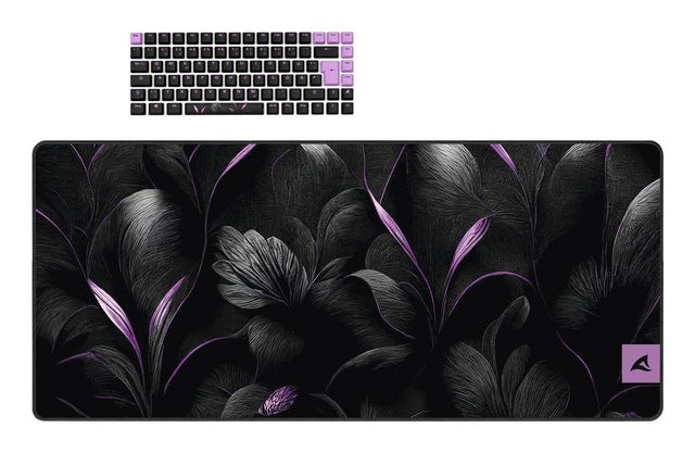 Sharkoon SGK50 S3 D2 keycaps og XXL musemåtte med sorte og lilla blomstermotiver