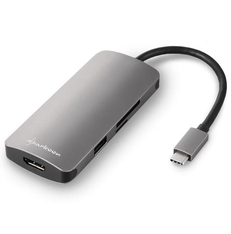 Grå Sharkoon USB-C multiportadapter med HDMI-port, kortlæser og fast USB-C-kabel