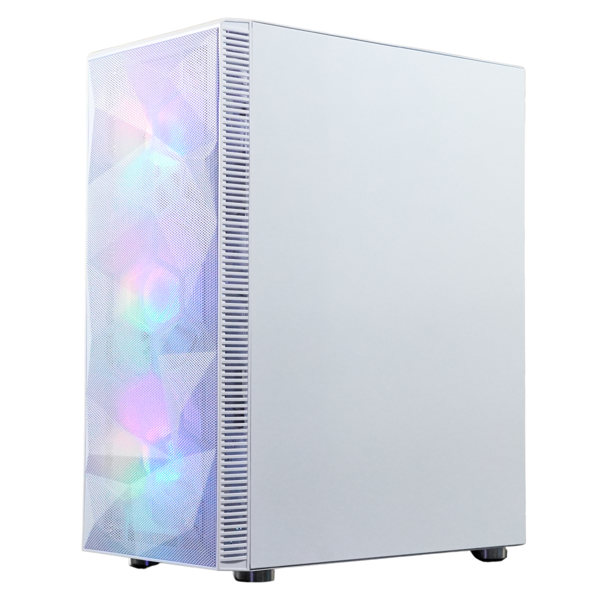 Hvidt PC-kabinet set skråt forfra med tre RGB-blæsere
