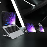 j5create – foldbart laptopstativ med fire USB-A-porte – Illustration af forskellige enheder