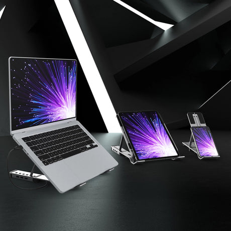 j5create – foldbart laptopstativ med fire USB-A-porte – Illustration af forskellige enheder