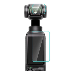 PULUZ beskyttelsesglas til DJI Osmo Pocket 3 – Skærm og objektiv – To beskyttelsesglas vist placeret på DJI Osmo Pocket 3; kamera medfølger ikke
