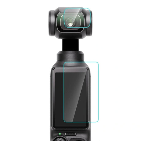 PULUZ beskyttelsesglas til DJI Osmo Pocket 3 – Skærm og objektiv – To beskyttelsesglas vist placeret på DJI Osmo Pocket 3; kamera medfølger ikke