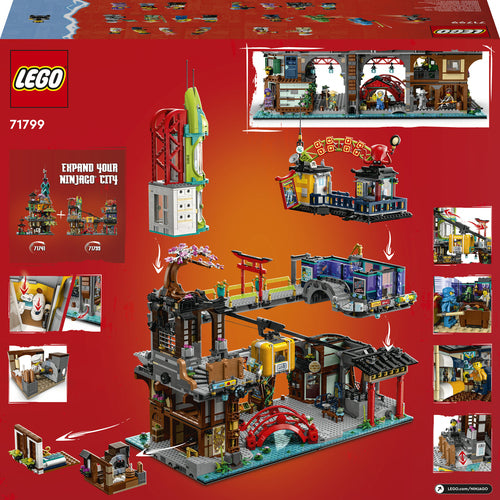 LEGO NINJAGO 71799 – NINJAGO Citys markeder – æskens bagside med markedsmodellens funktioner