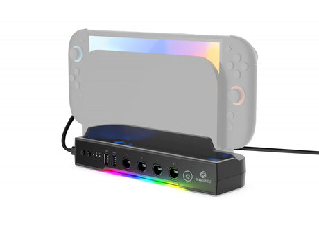 Sort Oniverse-multifunktionsstander til Nintendo Switch 2 – med Switch 2 og tilsluttet kabel