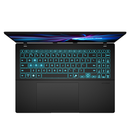 ASUS V16 V3607VM-TK184W i Matte Black set ovenfra med åbent låg og tastatur