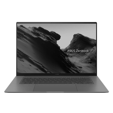 ASUS Zenbook S 14 UX5406SA-QJ727W i Zumaia Gray set forfra med åben OLED-skærm