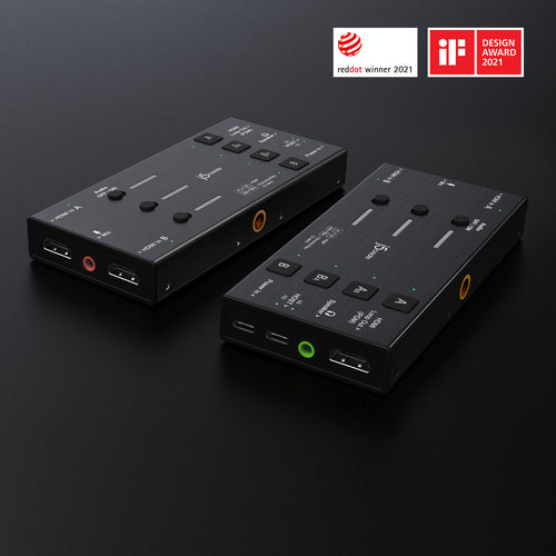 j5create JVA06 – Capture-enhed med to HDMI-indgange – To vinkler på mørk baggrund