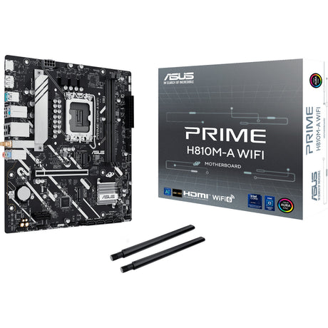 ASUS PRIME H810M-A WIFI – bundkort, Wi-Fi-antenne og emballage