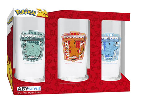 Pokémon-glassæt med tre glas med Bulbasaur-, Charmander- og Squirtle-motiver
