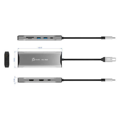 j5create JCD397-N – USB-C mini-dock til tre skærme – Illustration af tilslutninger