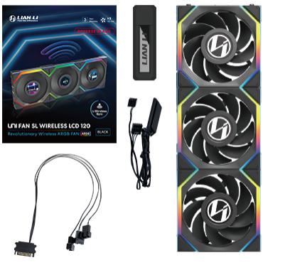 Lian Li UNI FAN SL Kabelloser LCD-Umkehrlüfter, 3er-Pack, Schwarz – 120 mm