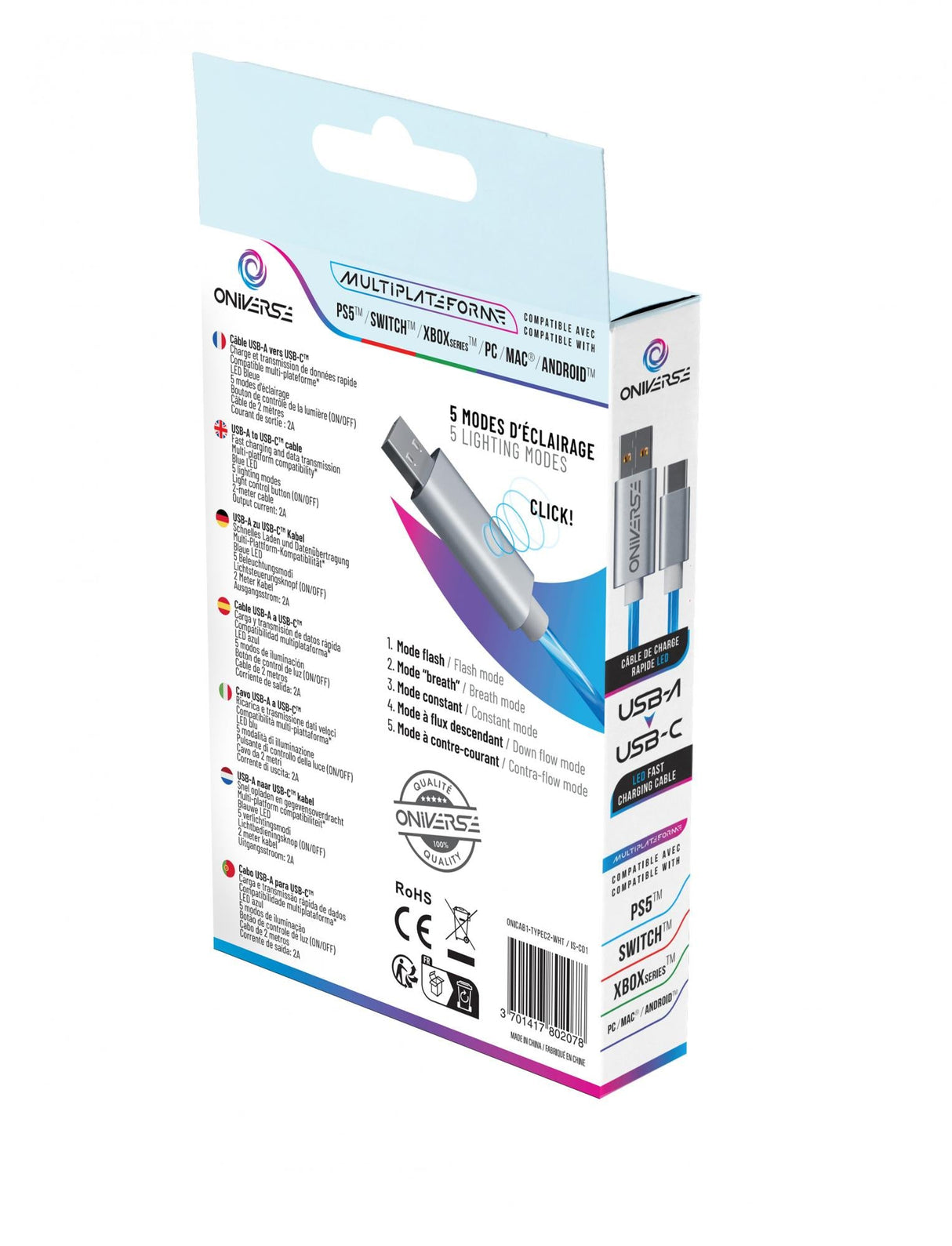 ONIVERSE - USB-C Quick Charge Cable with LED - 2 meters - White ONIVERSE