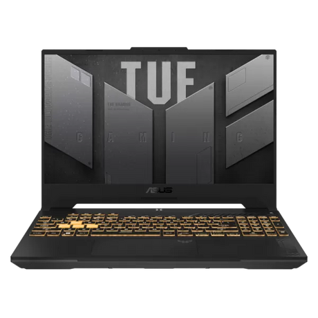 ASUS TUF Gaming F17 i Mecha Gray set forfra med åbent låg