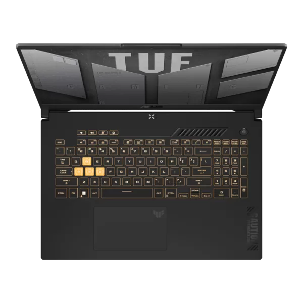 ASUS TUF Gaming F17 i Mecha Gray set ovenfra med engelsk tastatur og numerisk tastatur
