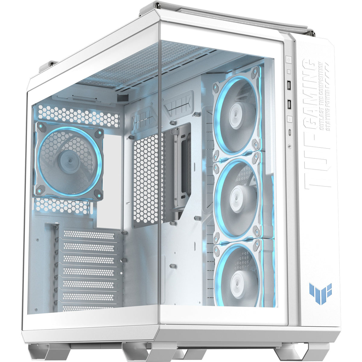 ASUS TUF Gaming GT502 Horizon ARGB – hvidt kabinet med glaspaneler og ARGB-blæsere