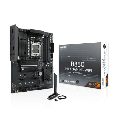 ASUS B850 MAX Gaming WiFi – bundkort med tilbehør fra modsat vinkel