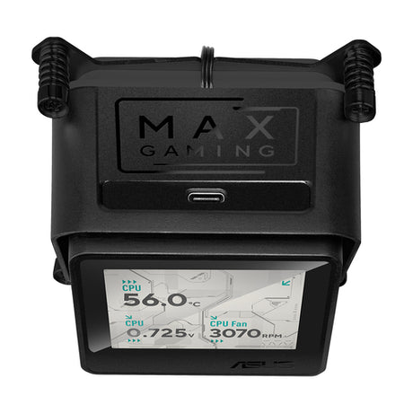ASUS MAX Gaming LC 360 ARGB LCD – pumpe og LCD-skærm set fra høj vinkel