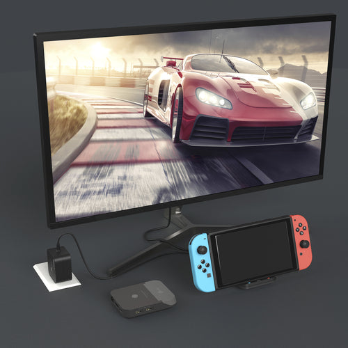 j5create JCD620 – Mini-dock til Nintendo Switch – Switch ved TV som brugseksempel, øvrigt udstyr købes separat