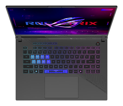 ASUS ROG Strix G16 G614FP-S5062W – taster og arbejdsflade set ovenfra; tastaturlayout illustrativt