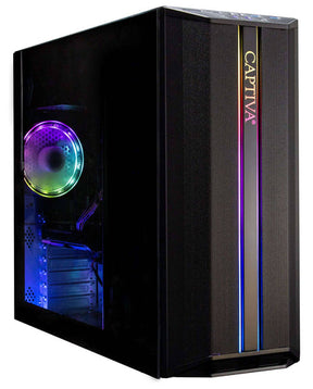 Captiva Advanced Gaming R98-206 – Ryzen 7/32 GB/1 TB/RTX 5060 – sort kabinet med RGB-belysning og sidevindue set skråt forfra