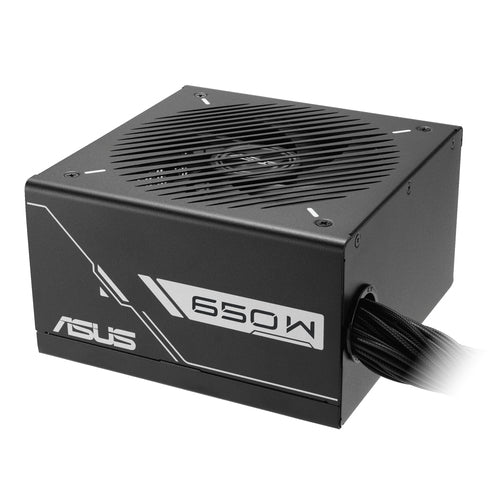 ASUS PRIME-650B-BLACK – blæsergitter og sidepanel set skråt ovenfra