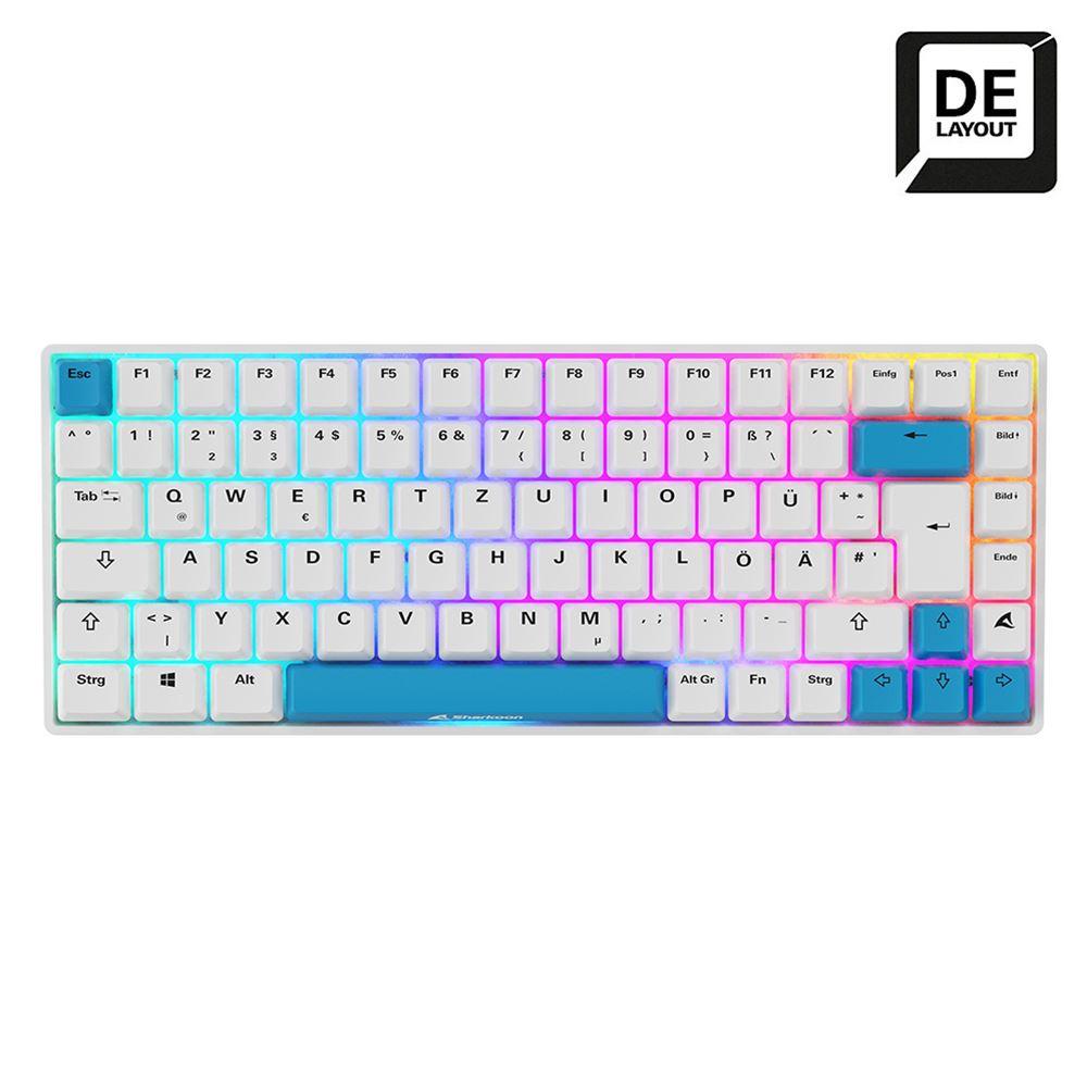 Hvidt og lyseblåt Sharkoon SGK50 S3 PBT RGB-tastatur med tysk DE-layout