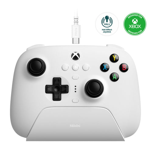 8BitDo Ultimate 3-mode Controller Xbox/PC Hvid – Hvid controller forfra med kabel